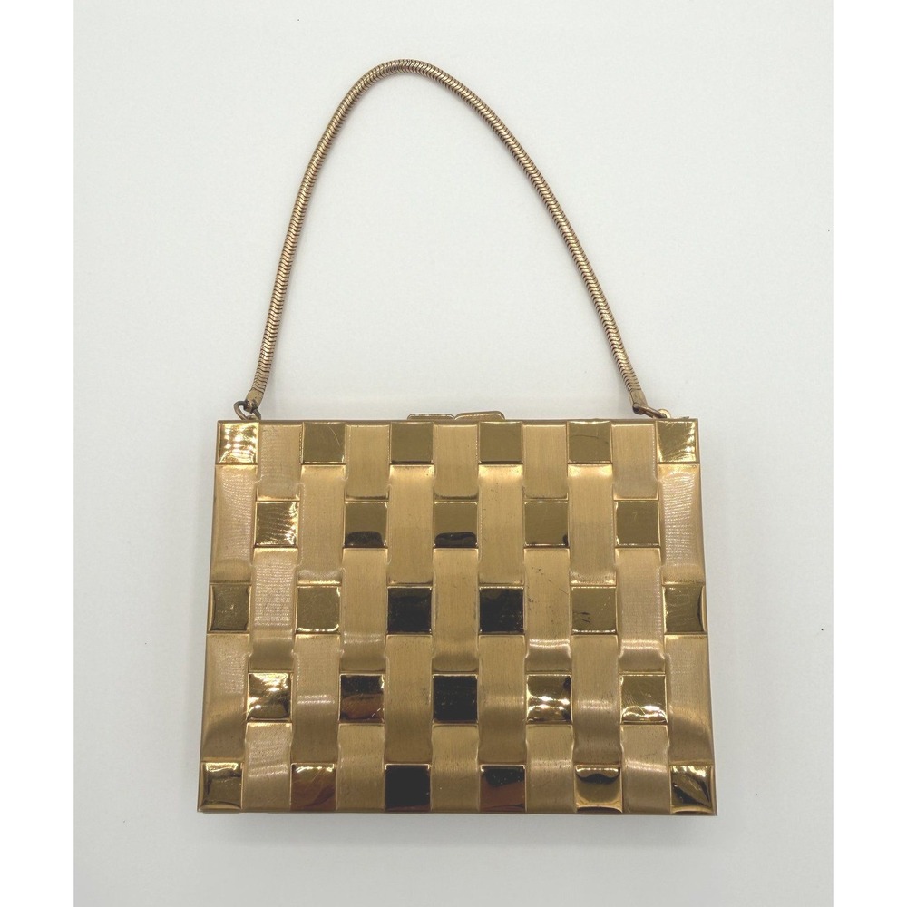 Vintage 1950s Gold Basketweave Carryall Minaudiere Compact Purse Comb Mirror